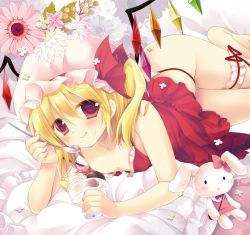 Rule 34 | 1girl, :q, babydoll, bare arms, bare shoulders, barefoot, bed, blonde hair, blush, breasts, crystal, flandre scarlet, flower, food, food on face, frilled pillow, frills, hat, hat ribbon, holding, holding spoon, ice cream, indoors, bridal garter, licking lips, looking at viewer, lying, medium hair, miyasu risa, mob cap, on side, one side up, panties, pillow, red babydoll, red eyes, red ribbon, ribbon, small breasts, solo, spoon, strap slip, stuffed animal, stuffed rabbit, stuffed toy, thigh gap, thighs, third-party source, tongue, tongue out, touhou, twisted torso, underwear, underwear only, wings