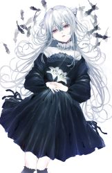 Rule 34 | 1girl, flower, gothic lolita, head tilt, highres, holding, holding flower, isshiki shime, lolita fashion, looking at viewer, lying, on back, original, parted lips, pink eyes, solo, white background, white theme
