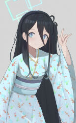 Rule 34 | 1girl, \m/, absurdres, animal print, aris (blue archive), black hair, blue archive, blue eyes, fish print, goldfish print, halo, hand up, highres, japanese clothes, kimono, kumare yuki, long bangs, long hair, long sleeves, looking to the side, obi, one side up, sash, smile, solo, very long hair, wide sleeves