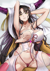 Rule 34 | 10s, 1girl, armpits, arms behind head, arms up, bare shoulders, black hair, grabbing another&#039;s breast, breasts, cleavage, cleft of venus, collarbone, cyicheng, facial mark, fate/extra, fate/extra ccc, fate (series), forehead mark, grabbing, grabbing from behind, groping, horns, large breasts, long hair, looking at viewer, navel, parted lips, revealing clothes, sessyoin kiara, sitting, smile, spread legs, stomach, thighhighs, veil, very long hair, yellow eyes