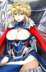 Rule 34 | 1girl, artoria pendragon (all), artoria pendragon (fate), artoria pendragon (lancer) (fate), between legs, blonde hair, blue dress, blue thighhighs, blush, braid, breasts, bursting breasts, cape, cleavage, cleavage cutout, clothing cutout, collarbone, covered navel, crown, curvy, dated, detached sleeves, dress, closed eyes, fate/grand order, fate (series), french braid, fur trim, gauntlets, green eyes, tucking hair, hand between legs, highres, large breasts, legs, navel, saber (fate), sakuama, sidelocks, sitting, smile, solo, thighhighs, thighs