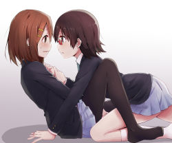 Rule 34 | 2girls, all fours, black jacket, black socks, blazer, blue skirt, blush, brown eyes, brown hair, commentary request, eye contact, from side, glasses, gradient background, grey background, hair ornament, hairclip, hirasawa yui, jacket, k-on!, kagiana, knee up, kneehighs, leaning back, light brown hair, long sleeves, looking at another, manabe nodoka, miniskirt, multiple girls, no shoes, pantyhose, parted lips, pleated skirt, red-framed eyewear, semi-rimless eyewear, short hair, sideways mouth, sitting, skirt, socks, under-rim eyewear, wavy mouth, white legwear, wrist cuffs, yuri