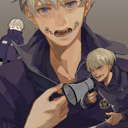 Rule 34 | 1boy, commentary request, dated commentary, facial tattoo, grey background, grey hair, inumaki toge, jacket, jujutsu kaisen, long sleeves, male focus, megaphone, multiple views, open mouth, purple eyes, purple jacket, short hair, tattoo, tongue tattoo, upper body, zi tsas