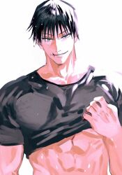 Rule 34 | 1boy, abs, black hair, black shirt, clothes lift, commentary, fushiguro touji, green eyes, jujutsu kaisen, lifting own clothes, looking at viewer, male focus, mature male, muscular, muscular male, pectorals, scar, scar on face, scar on mouth, shenshan laolin, shirt, shirt lift, short hair, short sleeves, smirk, solo, symbol-only commentary, wet