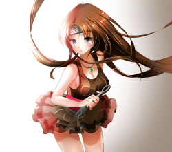Rule 34 | 1girl, :o, absurdres, bad id, bad pixiv id, bare arms, bare shoulders, blue eyes, blush, borrowed character, breasts, brown hair, brown skirt, cleavage, cowboy shot, forehead protector, gem, gradient background, green gemstone, headband, highres, holding, holding weapon, jewelry, kunai, long hair, lyika.art, naruto, naruto (series), necklace, original, pendant, sash, shirt, simple background, skirt, sleeveless, sleeveless shirt, solo, standing, tank top, thighs, very long hair, weapon, white background, wind