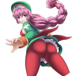 Rule 34 | 1990s (style), 1girl, ass, blue eyes, braid, breasts, cameltoe, choker, cropped jacket, female focus, from behind, from below, hat, highres, large breasts, leaning forward, long hair, looking at viewer, pantyhose, pink hair, psychic force, red pantyhose, retro artstyle, sideboob, simple background, single braid, skirt, smile, solo, taito, upskirt, wendy ryan, wrist cuffs, zipskyblue