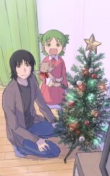 Rule 34 | 1boy, 1girl, :d, black hair, black shirt, blue pants, brown jacket, child, christmas, christmas ornaments, christmas tree, curtains, dress, father and daughter, green eyes, green hair, hands on own legs, highres, indoors, jacket, koiwai yotsuba, long sleeves, looking at viewer, marutei2, mr. koiwai, open mouth, pants, quad tails, red dress, shirt, short hair, sitting, smile, socks, squatting, standing, stuffed animal, stuffed toy, teddy bear, yotsubato!