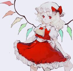 Rule 34 | 1girl, ascot, blonde hair, closed mouth, collared shirt, commentary request, cowboy shot, curly hair, flandre scarlet, frilled shirt collar, frilled skirt, frills, hat, hat ribbon, highres, light frown, mob cap, mochacot, puffy short sleeves, puffy sleeves, red eyes, red ribbon, red skirt, red vest, ribbon, shirt, short sleeves, side ponytail, simple background, skirt, solo, touhou, vest, white background, white hat, white shirt, wings, yellow ascot