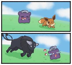 Rule 34 | 2koma, 3others, absurdres, bull, chasing, chibi, comic, commentary, creatures (company), crying, eevee, fang, fleeing, game freak, gen 1 pokemon, halo, hat, highres, hololive, hololive english, horns, mpien, multiple others, multiple tails, nintendo, no humans, octopus, open mouth, paldean tauros, paldean tauros (combat breed), poke ball, pokemon, pokemon (creature), silent comic, streaming tears, tail, takodachi (ninomae ina&#039;nis), tauros, tears, virtual youtuber