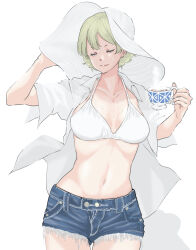 Rule 34 | 1girl, absurdres, alternate costume, bikini, blonde hair, blue shorts, braid, breasts, cleavage, closed eyes, collarbone, commentary request, cowboy shot, cup, cutoffs, darjeeling (girls und panzer), denim, denim shorts, french braid, girls und panzer, gluteal fold, green hair, groin, halterneck, hand on headwear, hat, highres, holding, holding cup, large breasts, light smile, midriff, navel, open clothes, shirt, short hair, short shorts, shorts, simple background, skrmtl, smile, solo, steam, sweat, swimsuit, swimsuit under clothes, teacup, white background, white hat, white shirt