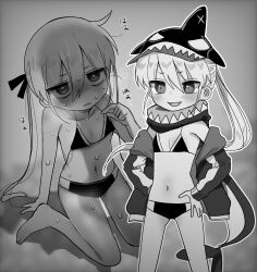 Rule 34 | alternate costume, animal hat, barefoot, bikini, blush, breasts, fang, greyscale, hair between eyes, hair ribbon, hands on own hips, hat, highres, jacket, kill me baby, long hair, monochrome, multiple views, official alternate costume, open clothes, open jacket, ponytail, ribbon, simple background, small breasts, sonya (kill me baby), sweat, swimsuit, twintails, very long hair, yasashii naizou