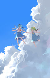 Rule 34 | 2girls, absurdres, barefoot, blue dress, blue hair, blue skirt, blue vest, cirno, closed eyes, cloud, cloudy sky, collared shirt, daiyousei, day, detached wings, dress, fairy, fairy wings, green eyes, green hair, highres, ice, ice wings, long hair, multiple girls, open mouth, puffy short sleeves, puffy sleeves, rangque (user vjjs4748), shirt, short hair, short sleeves, side ponytail, skirt, sky, smile, touhou, vest, white shirt, wings