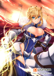 Rule 34 | &gt;:), 1girl, alternate color, alternate hair color, armor, armored dress, artoria pendragon (all), artoria pendragon (fate), artoria pendragon (lancer) (fate), blonde hair, blue thighhighs, blush, braid, breasts, bursting breasts, butter-t, cape, cleavage, cleavage cutout, clothing cutout, covered navel, crown, dun stallion (fate), fate/grand order, fate (series), flag, fur trim, gauntlets, green eyes, heattech leotard, highleg, highleg leotard, holding, holding weapon, horseback riding, lance, large breasts, leotard, looking at viewer, patreon, patreon username, polearm, reins, rhongomyniad (fate), riding, saber (fate), short hair, sidelocks, skindentation, smile, solo, thighhighs, turtleneck, v-shaped eyebrows, watermark, weapon, web address, zettai ryouiki