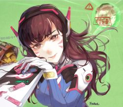 Rule 34 | 1girl, animal print, armor, artist name, bodysuit, bracer, breasts, brown eyes, brown hair, chewing gum, closed mouth, d.va (overwatch), doritos, explosion, eyebrows, eyelashes, eyeliner, facepaint, facial mark, frown (wonderland85711), gloves, hand up, headphones, high collar, long hair, looking at viewer, makeup, mascara, matching hair/eyes, mecha, medium breasts, meka (overwatch), mouse (computer), mousepad (object), overwatch, overwatch 1, pauldrons, pilot suit, pink lips, rabbit print, ribbed bodysuit, robot, shoulder armor, shoulder pads, solo, upper body, whisker markings, white gloves