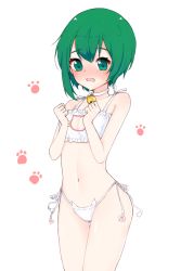 Rule 34 | 1girl, animal print, asymmetrical hair, bad id, bad pixiv id, bare shoulders, bell, blush, bra, breasts, cat cutout, cat ear panties, cat lingerie, cat panties, cat print, cleavage cutout, clothing cutout, collar, embarrassed, eyebrows, flat chest, green eyes, green hair, hands up, hip focus, jingle bell, looking at viewer, matching hair/eyes, meme attire, navel, neck bell, open mouth, panties, paw print, print panties, saple, shiki eiki, short hair, side-tie panties, simple background, small breasts, solo, stomach, string panties, teardrop, tearing up, thighs, touhou, underwear, underwear only, white background, white bra, white panties