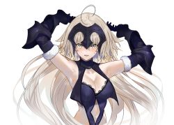 Rule 34 | 1girl, absurdres, ahoge, armpits, arms up, black dress, black gloves, blush, breasts, cleavage, dress, elbow gloves, fate/grand order, fate (series), fur trim, gauntlets, gloves, headpiece, highres, jeanne d&#039;arc (fate), jeanne d&#039;arc alter (avenger) (fate), jeanne d&#039;arc alter (avenger) (third ascension) (fate), jeanne d&#039;arc alter (fate), jikatarou, long hair, looking at viewer, navel, open mouth, platinum blonde hair, revealing clothes, simple background, solo, sweatdrop, upper body, white background, yellow eyes