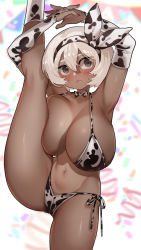 Rule 34 | 1girl, alternate breast size, animal print, armpits, arms up, bea (pokemon), bikini, blurry, blurry background, blush, bow, bowtie, breasts, commentary, cow print, creatures (company), game freak, hair between eyes, huge breasts, looking at viewer, navel, nintendo, pokemon, pokemon swsh, shiny skin, side-tie bikini bottom, solo, split, standing, standing on one leg, standing split, string bikini, sumisumii, swimsuit, thighs