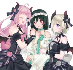 3girls ahoge big_bow black_dress black_ribbon blonde_hair blue_eyes bow demon_girl demon_horns demon_tail demon_wings dress flower flower_hat green_bow green_hair horns hug long_hair love_live! love_live!_nijigasaki_high_school_idol_club mia_taylor mifune_shioriko mole mole_under_eye multiple_girls pink_hair r3birth_(love_live!) red_eyes ribbon rose short_hair tail white_dress white_hair wings zhong_lanzhu