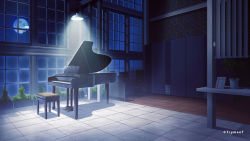 Rule 34 | ceiling light, chair, desk, drawing (object), full moon, grand piano, indoors, instrument, mocha (cotton), monitor, moon, night, night sky, no humans, office chair, original, piano, piano bench, plant, potted plant, scenery, sky, swivel chair, tile floor, tiles, twitter username, window