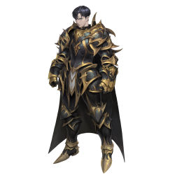 Rule 34 | 1boy, absurdres, armor, black armor, black cape, black hair, breastplate, cape, clenched hands, closed mouth, gauntlets, gold, gold trim, greaves, green eyes, hair between eyes, highres, ji ho song, knight, male focus, original, scratches, simple background, solo, standing, vambraces, white background