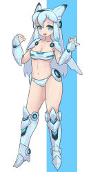 Rule 34 | 1girl, :d, android, arm guards, armor, bikini, blue eyes, blush stickers, breasts, collarbone, commentary request, full body, highres, kneehighs, long hair, looking at viewer, medium breasts, navel, okera, open mouth, original, shoulder armor, silver hair, simple background, smile, socks, solo, standing, swimsuit