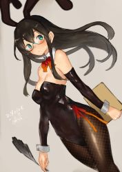 Rule 34 | 1girl, alternate costume, animal ears, aqua eyes, bare shoulders, black hair, black hairband, black leotard, blush, breasts, brown pantyhose, cleavage, clipboard, closed mouth, dated, detached collar, detached sleeves, dutch angle, fake animal ears, fishnet pantyhose, fishnets, glasses, green-framed eyewear, hairband, holding, kantai collection, leotard, long hair, long sleeves, looking at viewer, ooyodo (kancolle), pantyhose, playboy bunny, quill, rabbit ears, red ribbon, ribbon, semi-rimless eyewear, shiny clothes, side-tie leotard, sidelocks, signature, small breasts, smile, solo, standing, strapless, strapless leotard, sweatdrop, tareme, toka (marchlizard), under-rim eyewear, wing collar, wrist cuffs