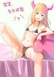 Rule 34 | 1girl, absurdres, barefoot, bed, bikini, blonde hair, blush, feet, foot focus, highres, hime cut, horns, jewelry, leg up, licking lips, long hair, looking at viewer, pov, ring, see-through, sitting, swimsuit, toes, tongue, tongue out, translated, yellow eyes