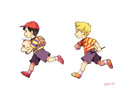 Rule 34 | 2boys, artist name, backpack, bag, baseball cap, black hair, blonde hair, blue shirt, blue shorts, brown bag, carrying, clenched hands, closed mouth, commentary request, doseisan, full body, hand up, hat, holding, holding stick, lucas (mother 3), male focus, mimxxpk, mother (game), mother 2, mother 3, multicolored clothes, multiple boys, ness (mother 2), nintendo, orange footwear, profile, quiff, red footwear, red headwear, red shirt, running, shirt, shoes, short hair, short sleeves, shorts, simple background, smile, socks, solid oval eyes, stick, striped clothes, striped shirt, t-shirt, twitter username, two-tone shirt, v-shaped eyebrows, white background, white socks, yellow shirt