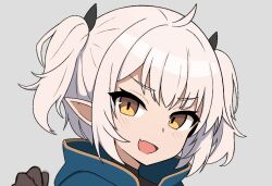 Rule 34 | 1girl, ahoge, blush, brown gloves, commentary, elf, english commentary, fang, gloves, hair ornament, kura-tan (mikoscrub), mikoscrub, open mouth, original, pointy ears, skin fang, solo, twintails, white background, white hair, yellow eyes
