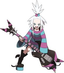 Rule 34 | 1girl, bass guitar, boots, creatures (company), dress, forehead, freckles, full body, game freak, gym leader, hair bobbles, hair ornament, highres, holding, holding instrument, instrument, legs apart, long sleeves, looking at viewer, lower teeth only, nintendo, official art, oomura yuusuke, open mouth, pokemon, pokemon bw2, roxie (pokemon), short dress, smile, solo, standing, striped clothes, striped dress, teeth, tongue, topknot, transparent background, two-tone dress, white hair