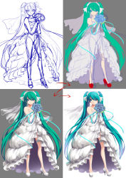Rule 34 | 1girl, artist request, bare shoulders, bouquet, dress, flower, green eyes, green hair, hatsune miku, high heels, highres, jh, long hair, looking at viewer, making-of, matching hair/eyes, sketch, smile, solo, twintails, unfinished, very long hair, vocaloid, wedding dress