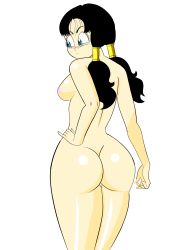 Rule 34 | 1girl, ass, black hair, blue eyes, blush, chaoschrome, dragon ball, embarrassed, hand on own hip, highres, looking away, nude, solo, twintails, videl, wide hips