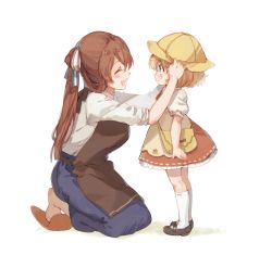 Rule 34 | 2girls, aged down, apron, bag, blonde hair, brown hair, check commentary, closed eyes, commentary, commentary request, g36 (girls&#039; frontline), girls&#039; frontline, glasses, hair ribbon, happy, hat, highres, imoko (imonatsuki), kindergarten uniform, motherly, multiple girls, ponytail, ribbon, school bag, school hat, slippers, smile, socks, springfield (girls&#039; frontline), white background