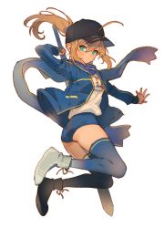 Rule 34 | 1girl, absurdres, ahoge, artoria pendragon (all), artoria pendragon (fate), arutera, baseball cap, blonde hair, blue scarf, blue thighhighs, blush, buruma, closed mouth, fate (series), fighting stance, from side, full body, green eyes, gym uniform, hair between eyes, hat, highres, holding, holding sword, holding weapon, jacket, legs, long hair, looking at viewer, mysterious heroine x (fate), open clothes, open jacket, outstretched arm, ponytail, ready to draw, rojiura satsuki : chapter heroine sanctuary, saber (fate), scarf, sheath, sheathed, shoes, sidelocks, simple background, sneakers, solo, sword, thighhighs, thighs, weapon, white background
