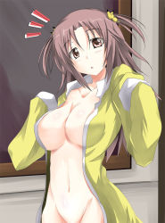 Rule 34 | 10s, 1girl, breasts, brown eyes, brown hair, groin, infinite stratos, large breasts, long hair, mister (black and white), navel, nohotoke honne, open clothes, pajamas, sleeves past wrists, solo