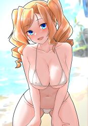 Rule 34 | 1girl, bare arms, bare legs, bare shoulders, bikini, blonde hair, blue eyes, breasts, cleavage, collarbone, cowboy shot, drill hair, furaggu (frag 0416), highres, honolulu (kancolle), kantai collection, large breasts, long hair, looking at viewer, micro bikini, open mouth, smile, solo, swimsuit, twin drills, twintails, white bikini