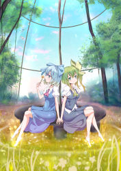 Rule 34 | 2girls, ahirun, ascot, back-to-back, bad anatomy, barefoot, blue eyes, blue hair, bow, bug, butterfly, cirno, daiyousei, dress, flower, green eyes, green hair, hair bow, holding hands, highres, bug, multiple girls, nature, no wings, ponytail, poorly drawn, short hair, side ponytail, sitting, touhou, yousei daisensou, yuri
