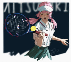 Rule 34 | 1girl, alternate costume, ball, blurry, blurry background, blush, border, closed eyes, commentary request, cropped legs, day, disembodied eye, floating hair, green skirt, highres, holding, holding tennis racket, isshiki (ffmania7), kaf (kamitsubaki studio), kamitsubaki studio, long hair, low twintails, open mouth, outdoors, pink hair, playing sports, polo shirt, racket, shirt tucked in, short sleeves, sidelighting, signature, skirt, solo, sportswear, tennis ball, tennis racket, tennis uniform, twintails, v-shaped eyebrows, virtual youtuber, visor cap, white border