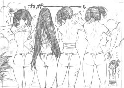 Rule 34 | 5girls, absurdres, akagi (kancolle), armpits, arms up, ass, back, backboob, bandages, bandaged arm, bandages, bandaid, bandaid on arm, breasts, chibi, chibi inset, dimples of venus, folded ponytail, from behind, fundoshi, greyscale, hair ribbon, hand on own hip, hand on own arm, highres, hiryuu (kancolle), inazuma (kancolle), japanese clothes, kaga (kancolle), kantai collection, kojima takeshi, large breasts, long hair, monochrome, multiple girls, muscular, muscular female, o o, plant, ribbon, shoulder blades, side ponytail, skindentation, souryuu (kancolle), standing, straight hair, stretching, teardrop, thigh gap, thighs, traditional media, translation request, trembling, twintails, very long hair
