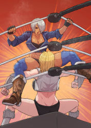 Rule 34 | 2girls, abs, absurdres, angel (kof), blonde hair, boots, breasts, chaps, cirenk, cowboy boots, cropped jacket, dead or alive, fighting, fingerless gloves, gloves, hair over one eye, highres, jacket, large breasts, leather, leather jacket, multiple girls, snk, the king of fighters, the king of fighters xiv, tina armstrong, toned, underwear, white hair, wrestling, wrestling outfit, wrestling ring