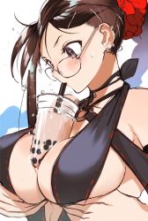 Rule 34 | 1girl, black one-piece swimsuit, breast lift, breasts, brown eyes, brown hair, bubble tea, bubble tea challenge, earrings, fate/grand order, fate (series), glasses, highres, jewelry, large breasts, one-piece swimsuit, solo, swimsuit, tamawo222, yu mei-ren (fate), yu mei-ren (festival outfit) (fate)