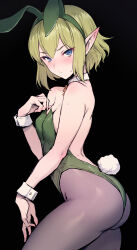 Rule 34 | 1girl, animal ears, arm up, ass, backless leotard, bare arms, bare shoulders, black background, blonde hair, blue eyes, blush, bow, bowtie, breasts, closed mouth, detached collar, dungeon ni deai wo motomeru no wa machigatteiru darou ka, elf, fake animal ears, fake tail, from side, green hair, green hairband, green leotard, hair between eyes, hairband, hand on own chest, hand up, haoni, highleg, highleg leotard, highres, leotard, looking at viewer, looking to the side, pantyhose, playboy bunny, pointy ears, rabbit ears, rabbit tail, ryu lion, short hair, simple background, small breasts, solo, tail, thighs, wrist cuffs