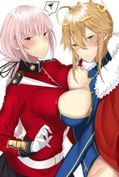 Rule 34 | 1girl, ahoge, artoria pendragon (fate), artoria pendragon (lancer) (fate), asymmetrical docking, belt, between breasts, black ribbon, blonde hair, blue leotard, blush, braid, braided bun, breast press, breasts, cleavage, cleavage cutout, cloak, closed mouth, clothing cutout, crown, fate/grand order, fate (series), florence nightingale (fate), french braid, fur trim, green eyes, groin, hair between eyes, hair bun, hair ribbon, half-closed eyes, heattech leotard, highres, large breasts, leotard, long hair, long sleeves, looking at viewer, military, military uniform, onineko-chan, pink hair, purple eyes, pursed lips, ribbon, sidelocks, simple background, solo, spoken squiggle, squiggle, strap between breasts, uniform, upper body, white background