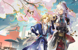 Rule 34 | 2boys, absurdres, animal, animal ears, animal on head, architecture, armor, belt, bird, bishounen, black gloves, blonde hair, cherry blossoms, closed eyes, crossed arms, east asian architecture, fingerless gloves, gloves, guilingshy, hair between eyes, highres, honkai: star rail, honkai (series), jing yuan, long hair, long sleeves, male focus, multicolored hair, multiple boys, on head, open mouth, outdoors, pants, parted bangs, ponytail, smile, tassel, white hair, yanqing (honkai: star rail), yellow eyes