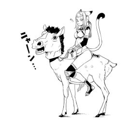 Rule 34 | 00s, 1girl, :&lt;, animal ears, bad id, bad pixiv id, cat girl, deer, final fantasy, final fantasy xi, greyscale, horse mask, knee pads, mask, midriff, mithra (ff11), monochrome, nucomas, riding, simple background, tail, what, white background