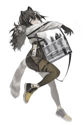 Rule 34 | 1girl, animal ears, arknights, bag, belt, black footwear, black shorts, black skin, blouse, breasts, brown eyes, brown hair, brown leggings, closed mouth, colored skin, dagger, fingernails, high-waist shorts, highres, knife, leg up, leggings, leggings under shorts, long fingernails, long hair, long sleeves, looking at viewer, low ponytail, medium breasts, pantyhose, puffy long sleeves, puffy sleeves, raccoon ears, raccoon girl, raccoon tail, robin (arknights), shirt, shorts, simple background, skindentation, solo, standing, standing on one leg, tail, thigh strap, weapon, white background, white shirt, xxxsoiu1