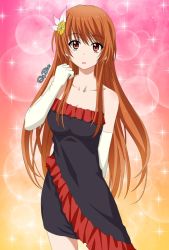 10s 1girl blush dress elbow_gloves female_focus gloves long_hair matching_hair/eyes nisekoi orange_eyes orange_hair red_eyes short_dress slyblue smile solo tachibana_marika