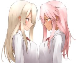 Rule 34 | 2girls, blonde hair, blush, bow, bowtie, breasts, brown eyes, chloe von einzbern, closed mouth, eye contact, fate/kaleid liner prisma illya, fate (series), female focus, from side, hechi (hechi322), illyasviel von einzbern, long hair, long sleeves, looking at another, medium breasts, multiple girls, pink hair, profile, red eyes, red neckwear, shirt, simple background, smile, upper body, white background, white shirt, yuri