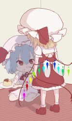 Rule 34 | 2girls, absurdres, back bow, bow, crystal, dress, eating, facing another, flandre scarlet, food, full body, hat, highres, holding, holding plate, holding weapon, laevatein (touhou), looking at another, mob cap, multiple girls, on floor, plate, pudding, r utchi, red dress, remilia scarlet, siblings, sisters, sitting, standing, touhou, wariza, weapon, white dress, wings, wooden floor