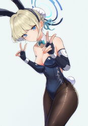 Rule 34 | 1girl, absurdres, alternate costume, animal ears, bare shoulders, black pantyhose, blonde hair, blue archive, blue bow, blue bowtie, blue eyes, blue leotard, blue ribbon, bow, bowtie, braid, breasts, cleavage, closed mouth, commentary, cowboy shot, detached collar, double v, elbow gloves, fake animal ears, fake tail, fingerless gloves, french braid, gloves, hair ribbon, halo, hands up, highres, leotard, looking at viewer, medium breasts, pantyhose, playboy bunny, rabbit ears, rabbit tail, ribbon, shooot108, short hair, solo, standing, strapless, strapless leotard, tail, toki (blue archive), traditional bowtie, v